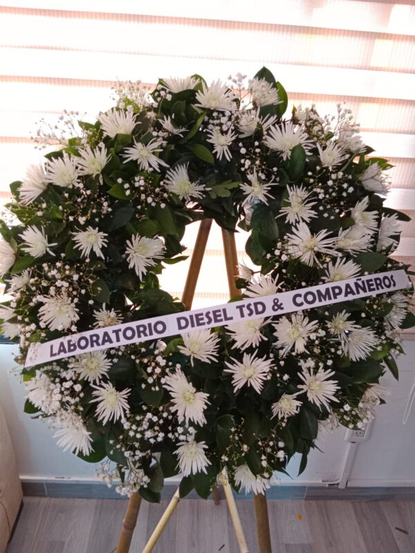Corona fúnebre de flores blancas ( Pompones, margaritas, chirosas) a disponibilidad  R01